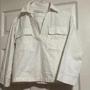 LOFT Men's White and Blue Speckled Casual Shirt